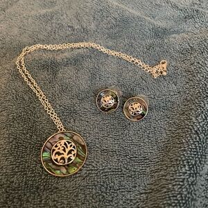 Silver Tree of Life Abalone Pendant Necklace and Stud Earrings - Green Accent